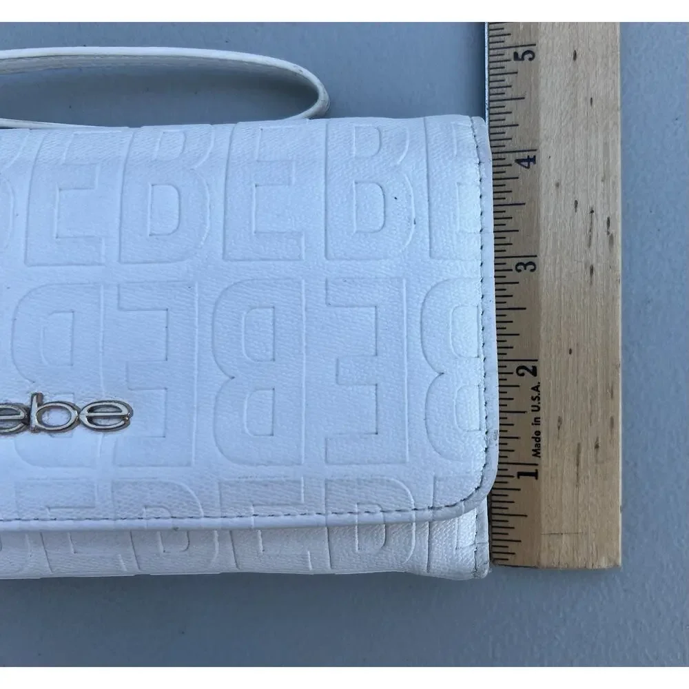 Bebe Embossed Logo White Leather Wallet Wristlet Strap Y2K Clutch